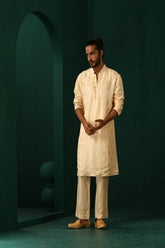 Truebrowns Men'S Ivory Geometric Floral Viscose Silk Long Kurta